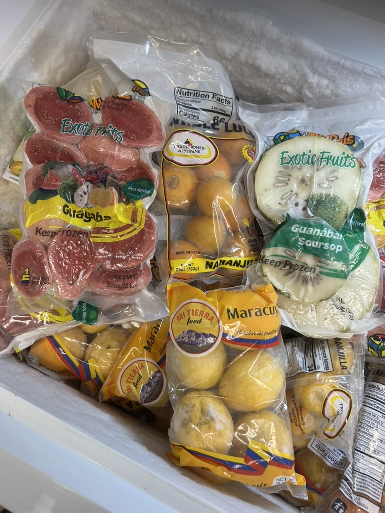 Guava, soursop, passion fruit, and other frozen fruits in the market freezer