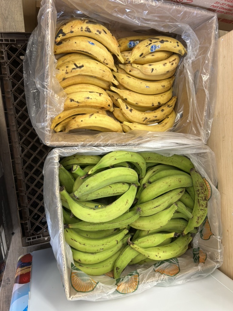Green and ripe plantains in the produce selection